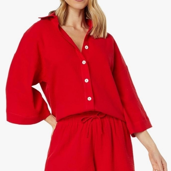 Charlie Holiday Red Cotton Gauze Harlow Button Down 3/4 Casual Oversized Shirt 6 - Picture 2 of 12